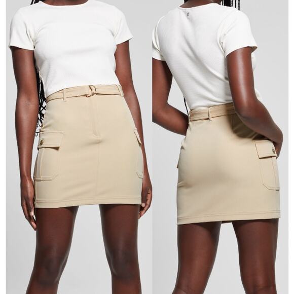 NWT Guess Fiona High Rise Belted Cargo Crepe Mini Skirt Foamy Taupe Women Size S - Picture 1 of 6